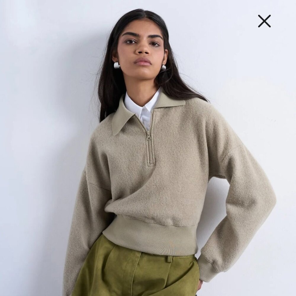 Topshop Beige Half Zip Collared Sweatshirt Size Small Minimalist